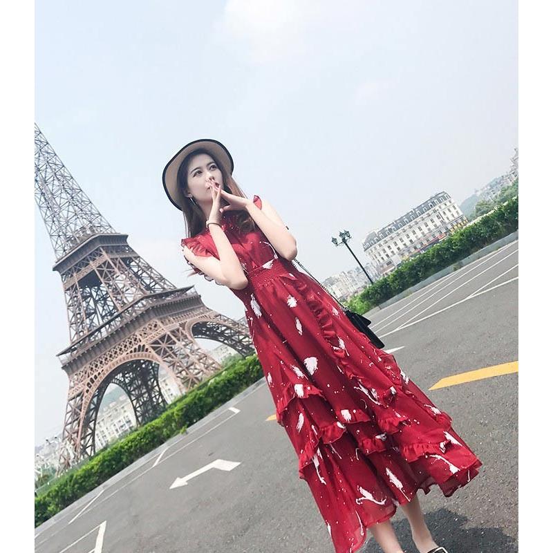 リゾートワンピース 夏 ノースリ 結婚式 大人 上品 リゾートワンピ リゾート マキシワンピース シフォン 赤 Aライン フレア フリル Lyq h Solas 通販 Yahoo ショッピング