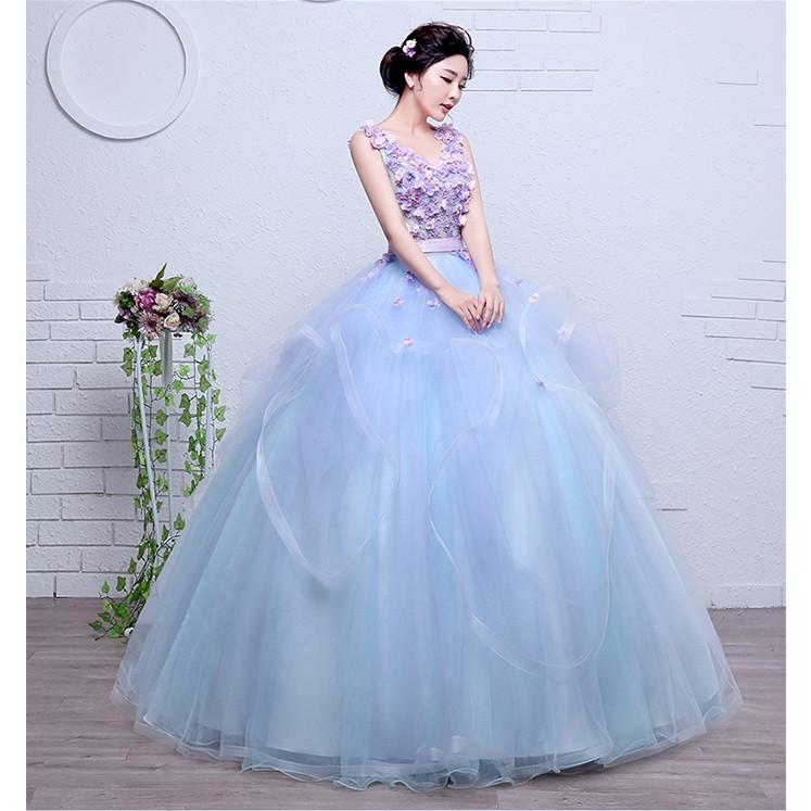 ウエディングドレス ロング丈 大きいサイズ 花嫁 花モチーフ 水色 空色 キレイめ ブライダル ハイウエスト カラードレス ノースリーブ 編み上げ Wd 900z Solas 通販 Yahoo ショッピング