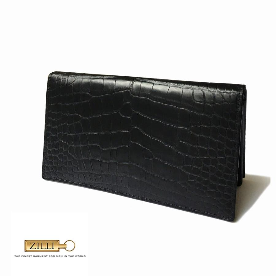 美品 財布 長財布 メンズ レディース ブランド Zilli ジリー エキゾチックレザー 高級 本革 アリゲーター ブラック マット