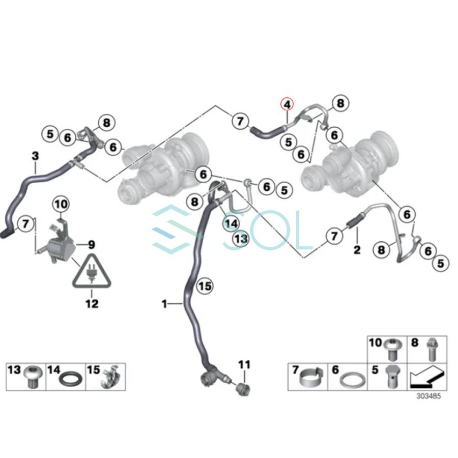 BMW F07 F10 F11 F12 F13 F01 F02 E70 X5 E71 X6 ターボチャージャー リターンホース 550i 550iX 650i 750i 750Li 50iX 11537577015｜solltd2｜02