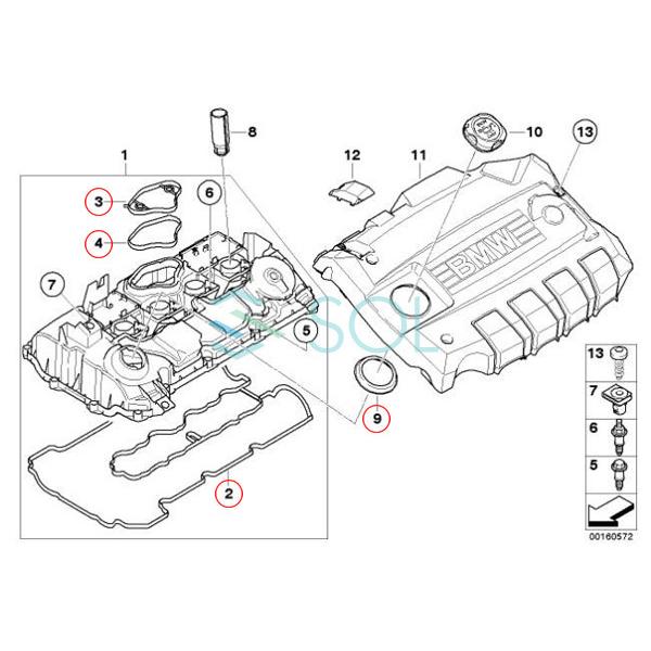 シリンダーヘッドカバーガスケット 4点セット BMW E82 E87 E88 E90 E91 E92 116i 118i 120i 320i 11127555738 11127555739 11127555740｜solltd5｜02