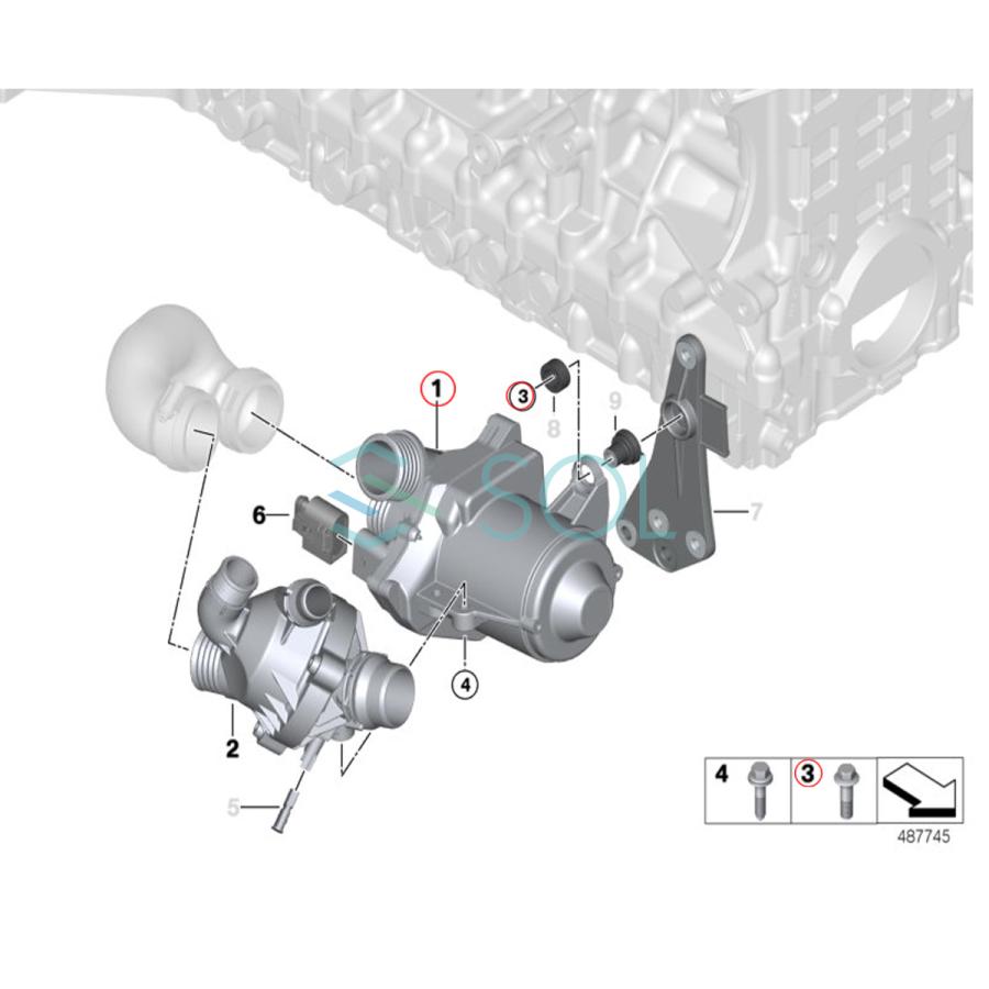 BMW F06 F12 F13 F01 F02 ウォーターポンプ + 取付ボルト3本セット 