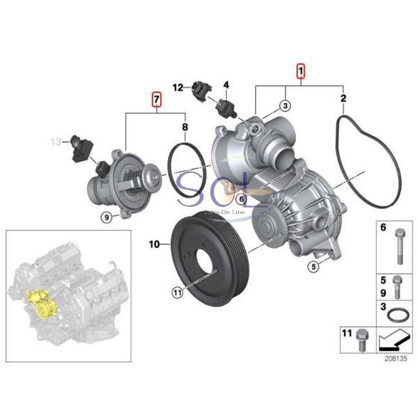 BMW E60 E61 E63 E64 ウォーターポンプ(穴なし 機械式オルタネーター適合) + サーモスタット 545i 645Ci 11517586781 11537586885｜solltd｜03