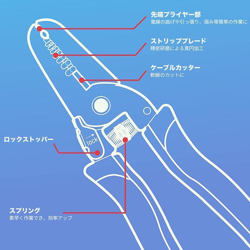 ストリッパー ワイヤーストリッパー ケーブルストリッパー ケーブルカッター 単線 より線 兼用 カッター 電線 被覆 剥離 切断工具 工具 電工 配線｜sologear｜04