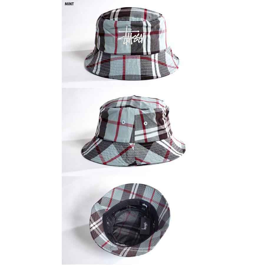 STUSSY バケットハット BIG LOGO MADRA BUCKET HAT チェック柄 ミント ブルー 帽子 メンズ 男性 レディース