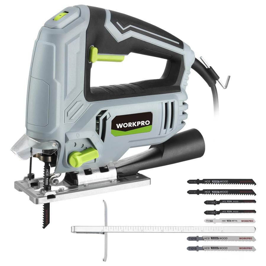 WORKPRO ジグソー 電動ジグソー 600W 傾斜 直線 曲線切断 ダイヤル式6段変速 オービタル4段階調節 ワンタッチ切替 木材 プラスチ | 