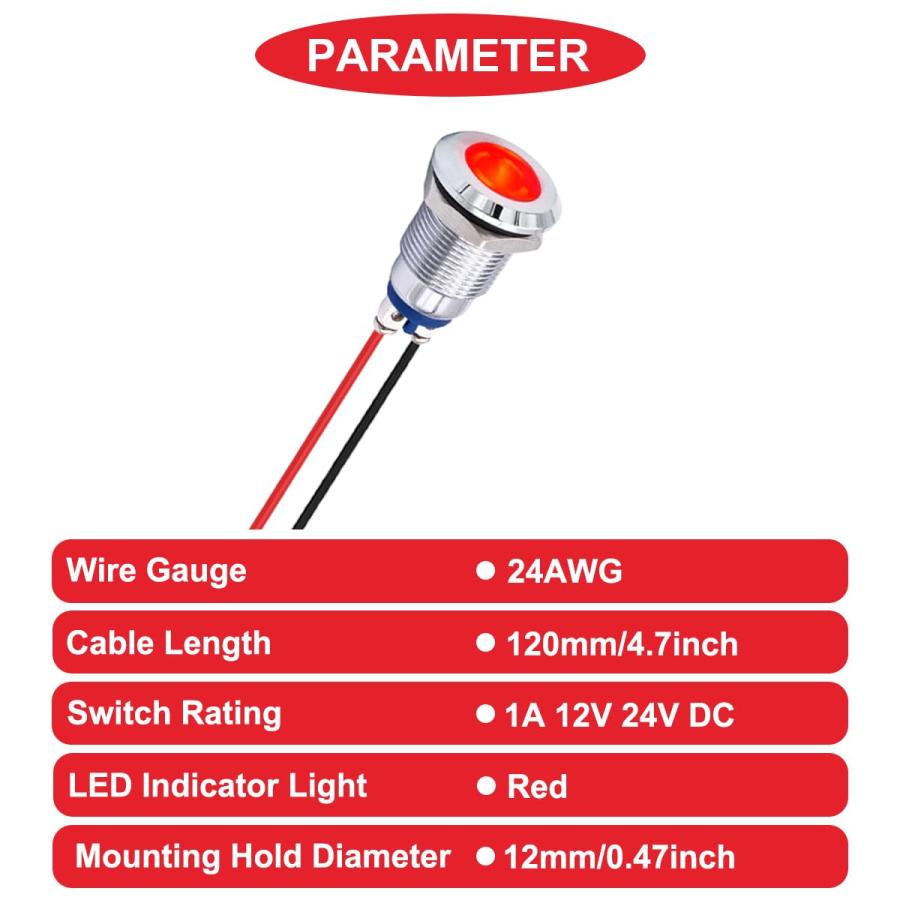 MKBKLLJY 10Pcs の赤い表示燈 12mm 1/2 は車のための 24AWG 120mm ターミナル ワイヤーが付いている IP67 |  | 01