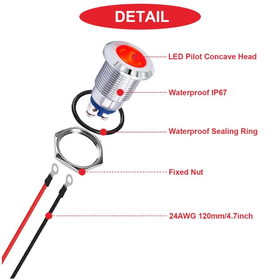 MKBKLLJY 10Pcs の赤い表示燈 12mm 1/2 は車のための 24AWG 120mm ターミナル ワイヤーが付いている IP67 |  | 02