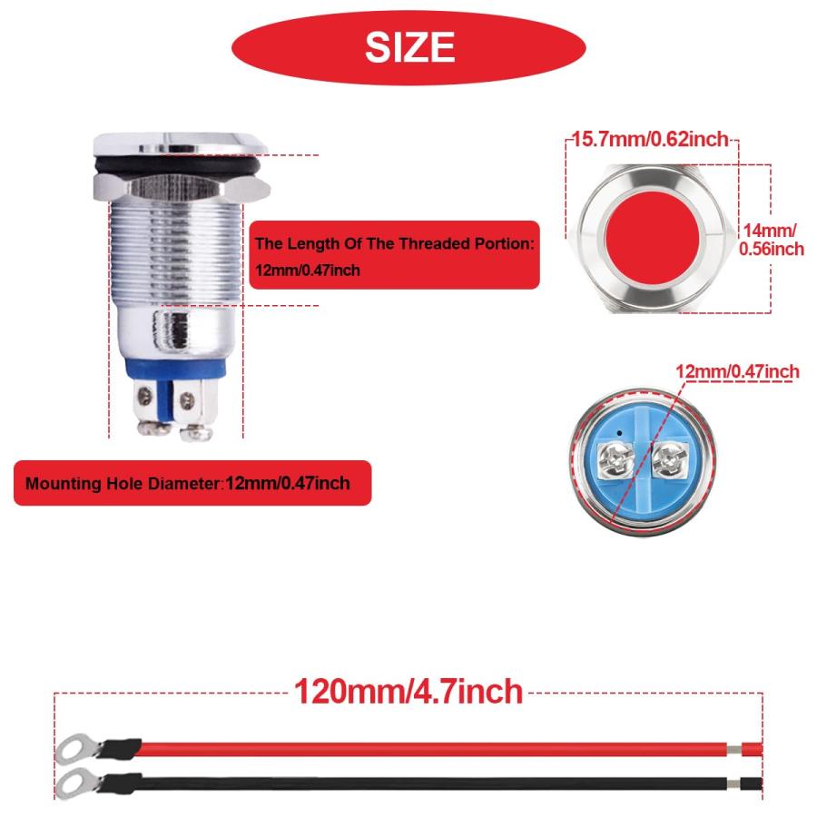 MKBKLLJY 10Pcs の赤い表示燈 12mm 1/2 は車のための 24AWG 120mm ターミナル ワイヤーが付いている IP67 |  | 03