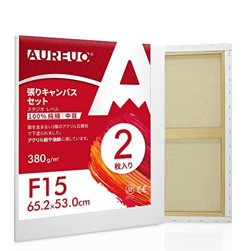 AUREUO 張りキャンバス セット F15 65.2cmX53cm 中目 100％コットン 2枚 初心者 絵画用具 芸術絵創作 現代油絵 美術 | 