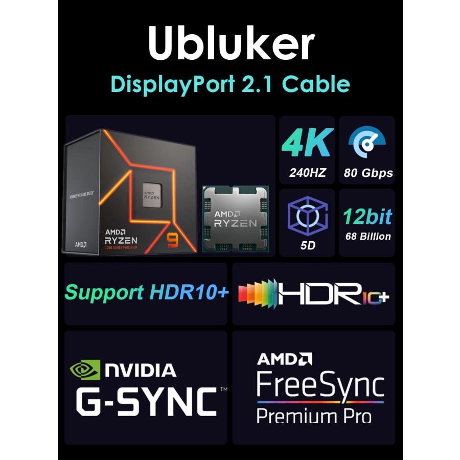 Ubluker 16k 8k DisplayPort 2.1 ケーブル 80Gbps 3メートル、VESA 認定超高ビットレート DP ケーブル |  | 05