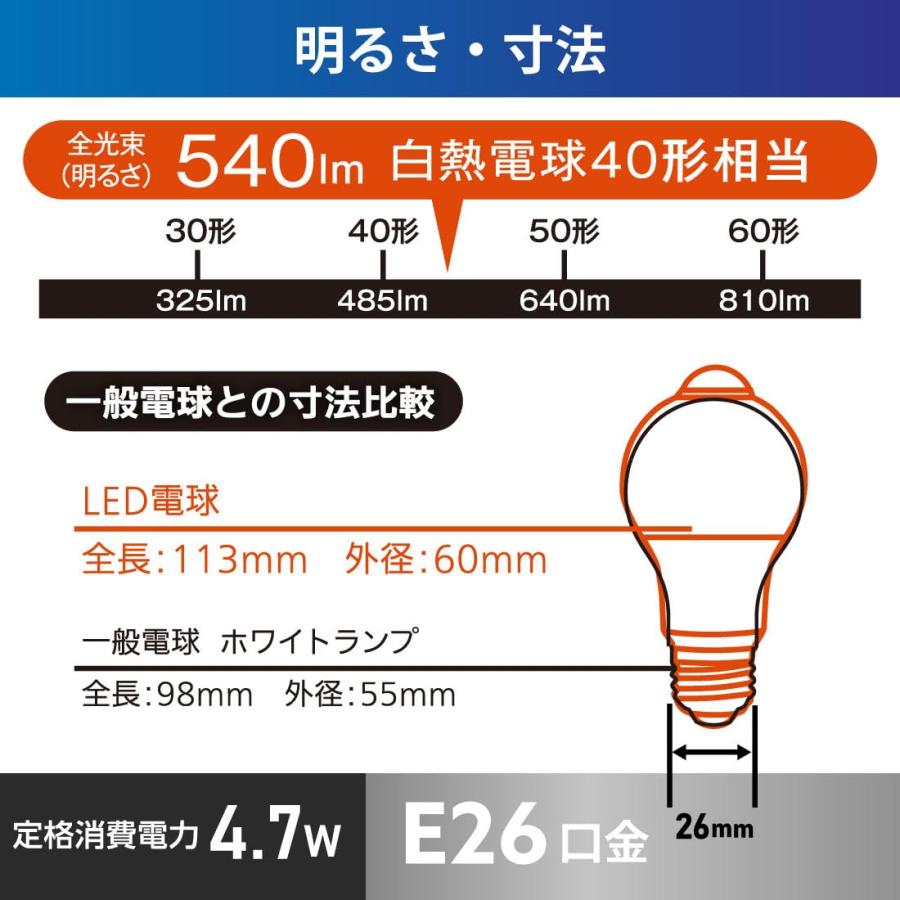 オームOHM LED電球 E26 40形相当 人感・明暗センサー付き 電球色 540ルーメン 4.7W LDA5L-G PIR6 06-5587 |  | 05