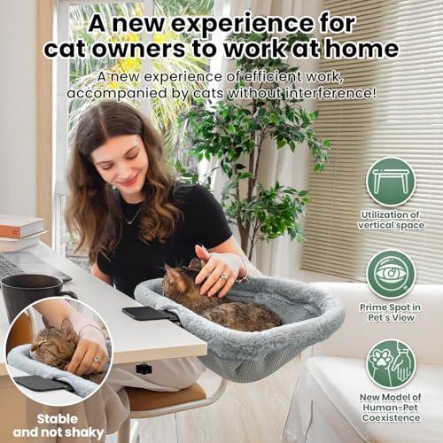 JUNSPOW 猫用デスクベッド ワンタッチ折りたたみ ラビットファー柔らかい 耐荷重18kg 省スペース半円形 多機種机対応 |  | 01