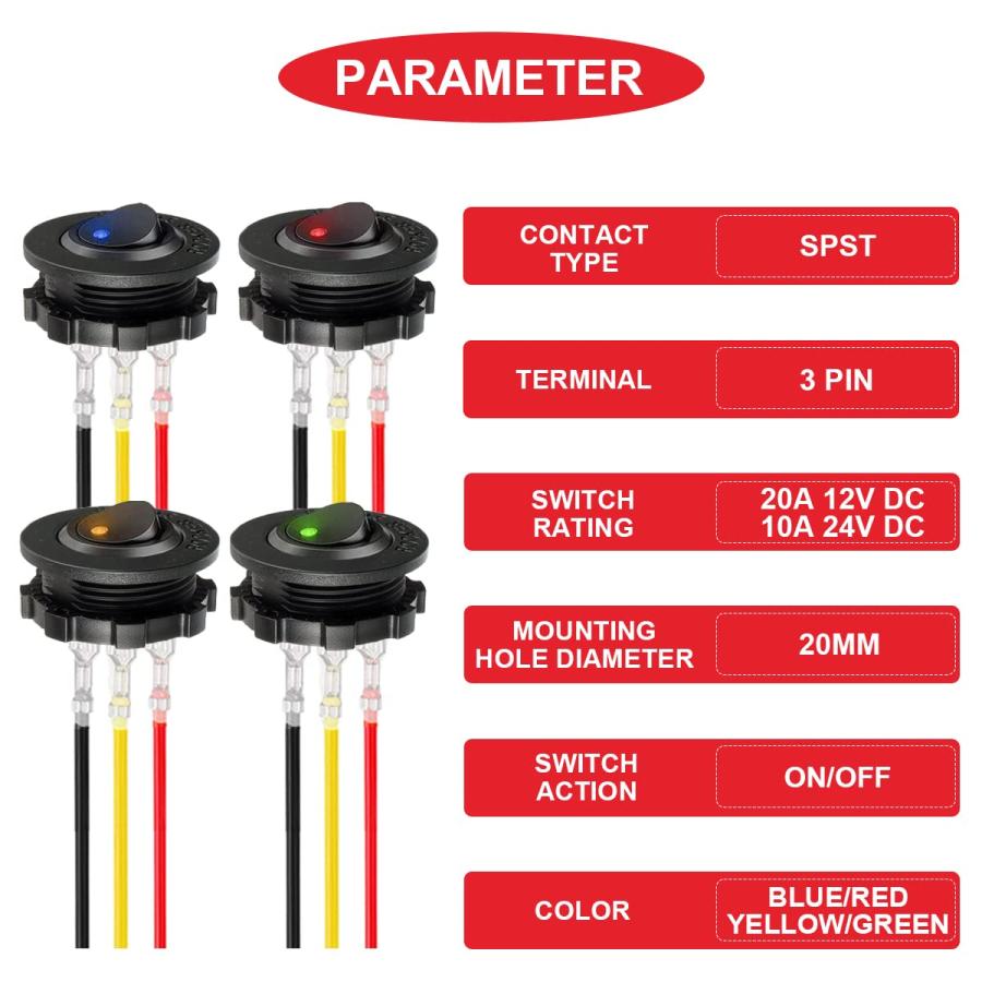 MKBKLLJY 4個 ラウンド ロッカー スイッチ シェル DC 12V 20A、24V 10A、SPST 3ピン オン オフ 赤/青/緑/黄 |  | 01