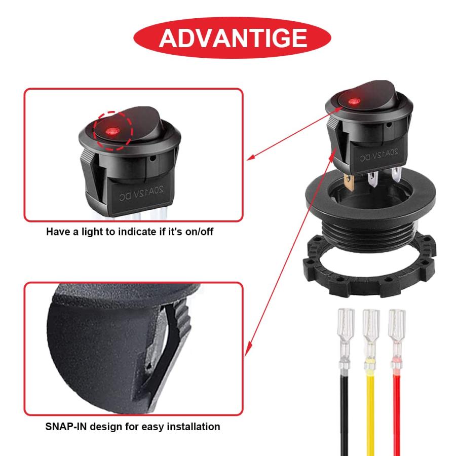 MKBKLLJY 4個 ラウンド ロッカー スイッチ シェル DC 12V 20A、24V 10A、SPST 3ピン オン オフ 赤/青/緑/黄 |  | 05