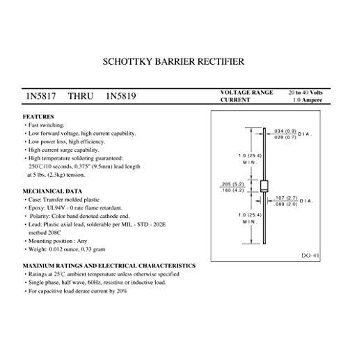 HUABAN 20PCS 1N5817 ショットキーバリアダイオード 1A 20V DO-41 DO-204AL Axial 5817 1 Am |  | 02