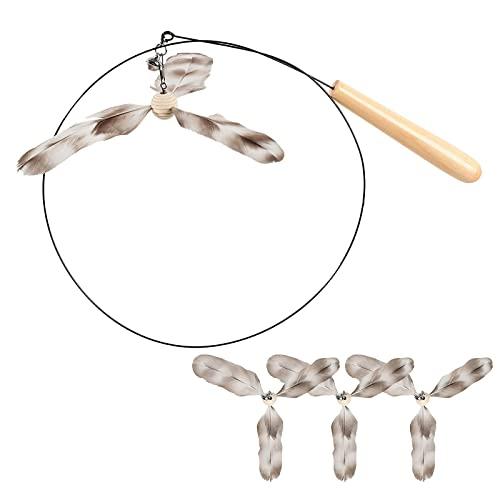 FUKUMARU 猫用ワンドおもちゃ 35.5インチ 猫用羽根プロペラおもちゃ ベル付き スチールワイヤー猫用おもちゃ 室内猫用 羽根4個付き | 