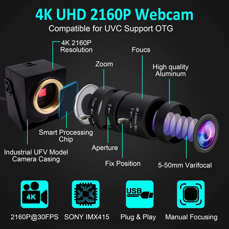 4K USBカメラ、CMOS IMX 415イメージセンサー付き、ELP 5-50 mm 10 X光学手動ズームレンズUSB Webカメラ、21 |  | 06