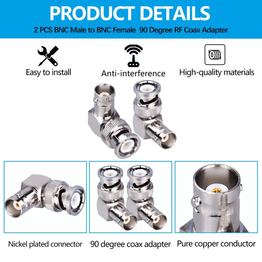 BNC RF同軸ケーブルアダプター 2個 、90度BNCオスからBNCメス同軸コネクター 直角BNC同軸アダプターケーブル ジェンダーチェンジャ |  | 01