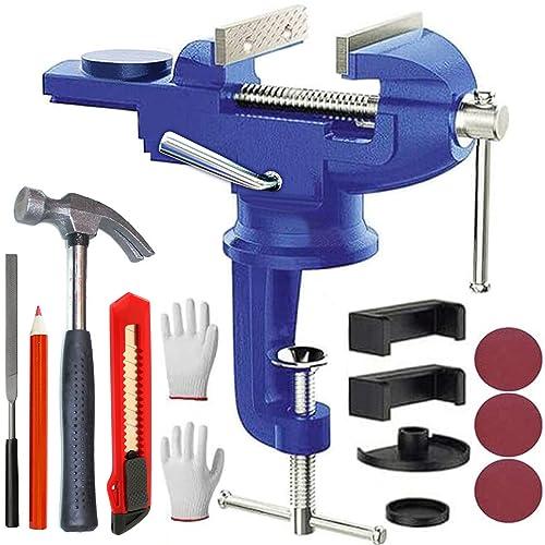 最大開口75mm 小型卓上万力青 360°回転盤付き ベンチバイス クランプ 携帯用作業台 木工 導管 穴あけ 金属加工 | 