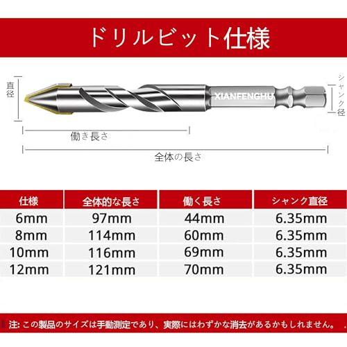 XIANFENGHU 高強度斜頭偏心ツイストドリルビット 6.35mm 六角軸 6mm 6mm 8mm 10mm 12mm 5個入りセット 硬質 |  | 05