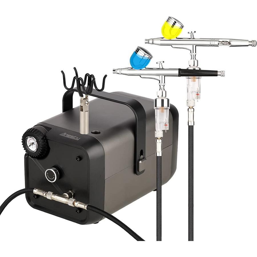 Anesty AHPBox 2in1 エアブラシ コンプレッサー 素早い色着替え コンプレッサー エアブラシ用 2本エアブラシ接続可能 ノズル口 | 