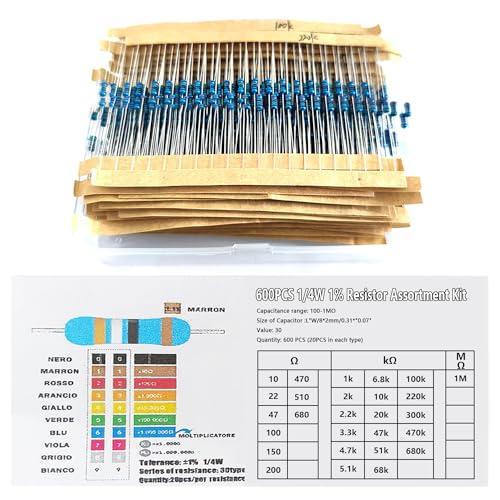 抵抗器 金属皮膜抵抗器 抵抗 セット 電子工作の基本部品 10R-1M抵抗 定格1/4W 30種各20本 600pc高精度 DIY 電子工作 電 |  | 01