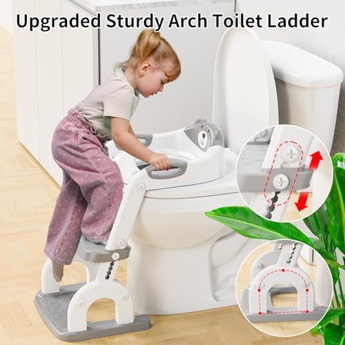 トイレトレーニング階段付きの子供補助便座，アップグレードされた丸アーチ型補助便器はしご， 8段階高さ調整、折りたたみ式設計、快適で安全な幼児補助 |  | 06