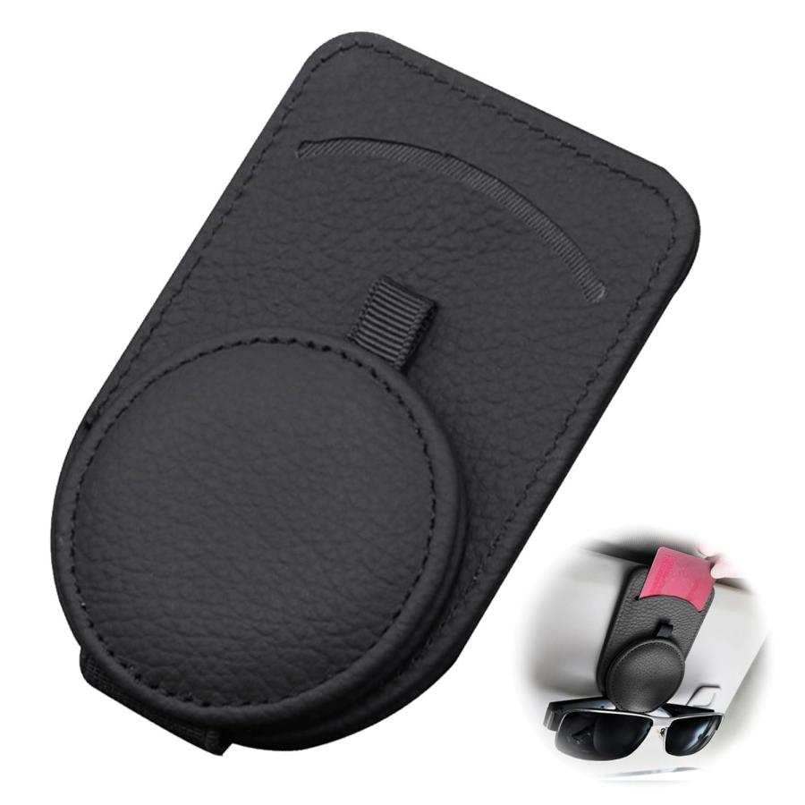サングラスホルダー 車 車用収納 サングラスクリップ 車載メガネクリップ 眼鏡を守ります カード収納クリップ レザー調 取り付け簡単 ブラック | 