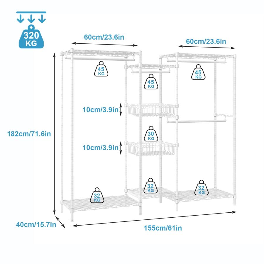 ワードローブ ハンガーラック 大容量 洋服ラック 頑丈 棚板高さ調節 幅155×奥行40×高さ180cm ホワイト 180*155*40cm |  | 01