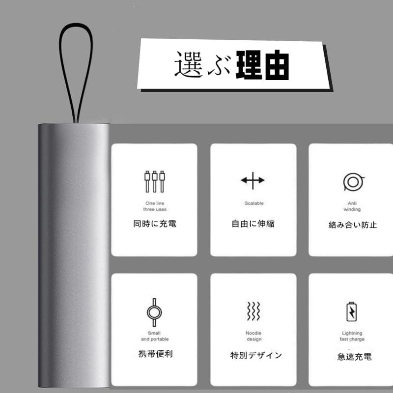 IbowEr 充電ケーブル 3in1 収納 3A USB充電 最大15W 充電コード 絡み防止 3種類端子対応 スマートフォン対応 高耐久 グレ |  | 03