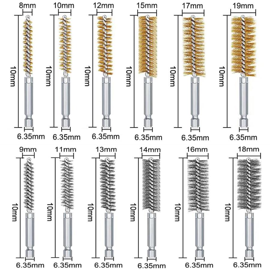 KEWAYO12個入ワイヤーブラシ 真鍮 セット ステンレス鋼 研磨ブラシ 研削ブラシ六角軸6.35（Φ8mm Φ9mm Φ10mm Φ11mm |  | 01