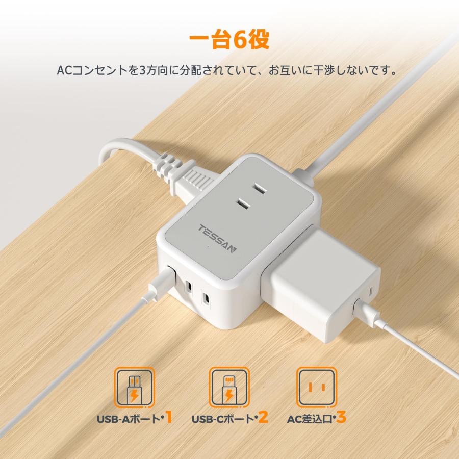 電源タップ usb付き 延長コード 2m usb-c コンセントタップ TESSAN 3個