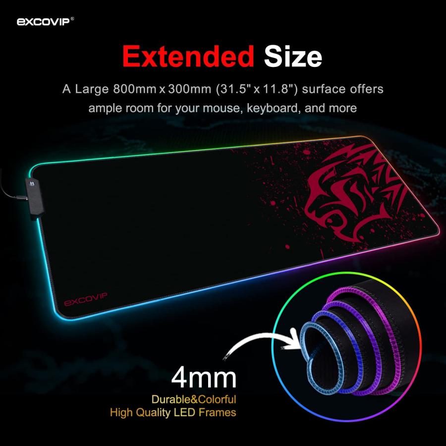 excovip RGB ゲーミングマウスパッド 大型 800*300*4mm マウスパッド 拡張 USB LED 発光 マウスパッド 7色の発光 |  | 05