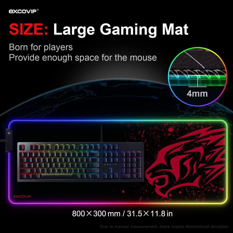 excovip RGB ゲーミングマウスパッド 大型 800*300*4mm マウスパッド 拡張 USB LED 発光 マウスパッド 7色の発光 |  | 06