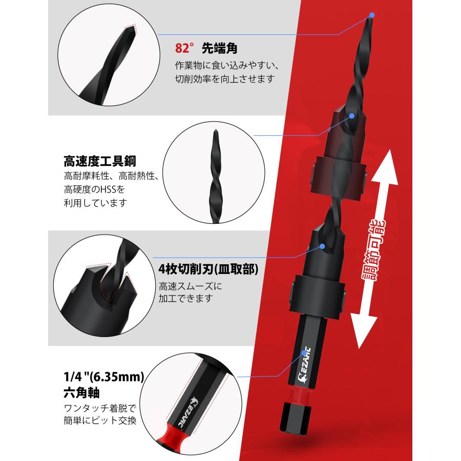 EZARC 下穴・皿取錐 埋木錐 15pcs 1/4六角軸 ドリルストッパー EZARC 下穴・皿取錐 埋木錐 15pcs 1/4六角軸 ドリルストッパー
