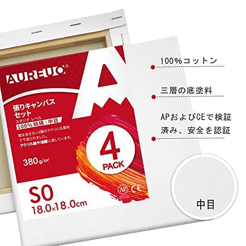 AUREUO 張りキャンバス セット S0 18cmX18cm 中目 100％コットン 4枚 初心者 絵画用具 芸術絵創作 現代油絵 美術装飾 |  | 01
