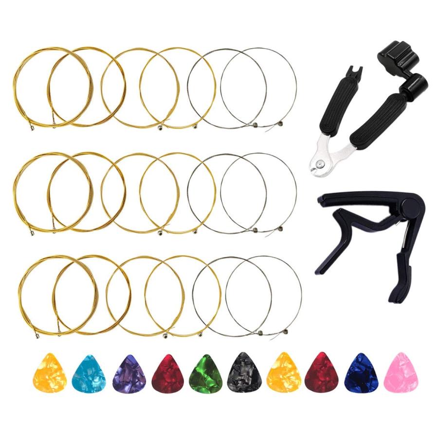 アコースティックギターストリング3フルセット1ピースのギターカポと1ピースのギター弦楽器ツールと10ピースのギターピック付き | 