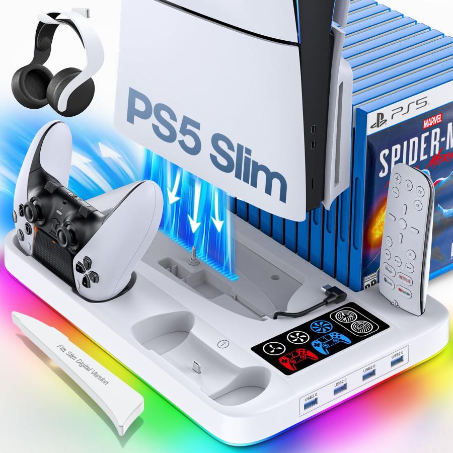 新型PS5 Slim 対応PS5 Slim 縦置き 冷却 スタンド 3段階風速調整可能 PS5 コントローラー 充電器 2台同時充電 充電指示ラ | 
