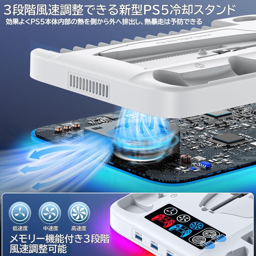 新型PS5 Slim 対応PS5 Slim 縦置き 冷却 スタンド 3段階風速調整可能 PS5 コントローラー 充電器 2台同時充電 充電指示ラ |  | 01