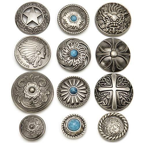 コンチョ ボタン 12個セット ねじ式 アンティーク シルバー 20mm〜33mm ターコイズ 唐草 インディアン 龍 五芒星 さくら レザーク | 