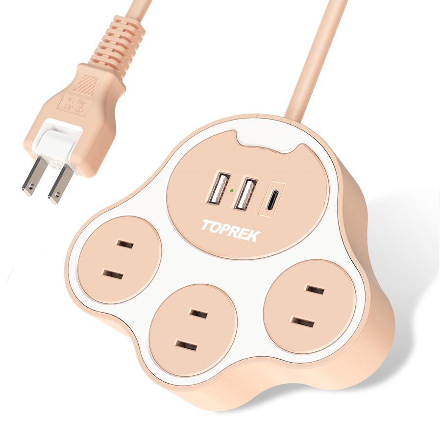 TOPREK 猫の足型 電源タップ ピンク USB コンセント 延長コード 1.5M 3個口 3個USB-C USB-C 20W PD3.0 急 | 