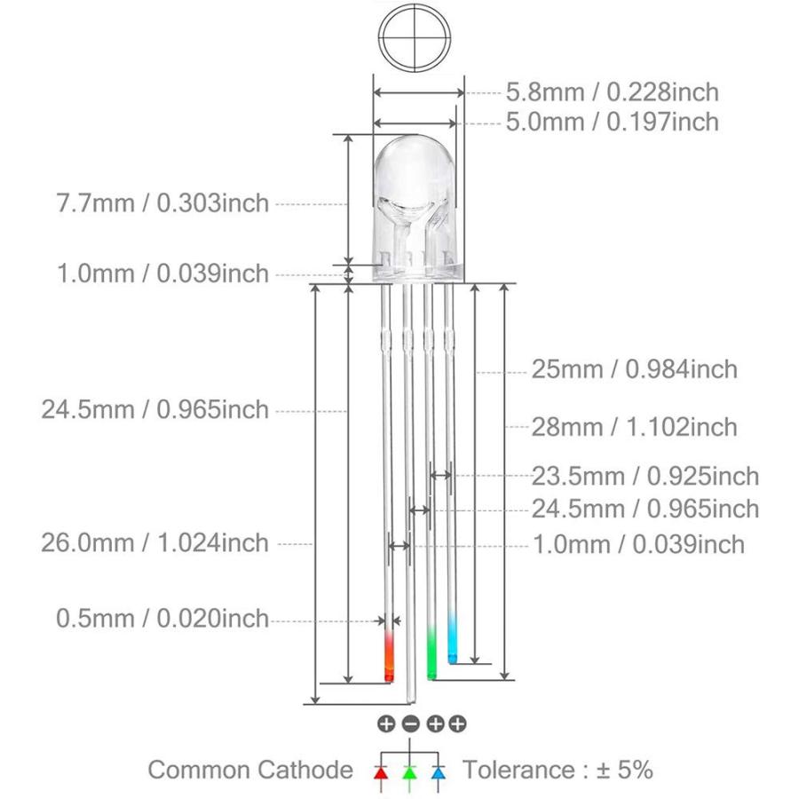 Youmile 100個 5mm LED発光ダイオード共通カソード4Pin RGB 3色（赤/緑/青）透明な透明なLEDランプArduino、P |  | 02