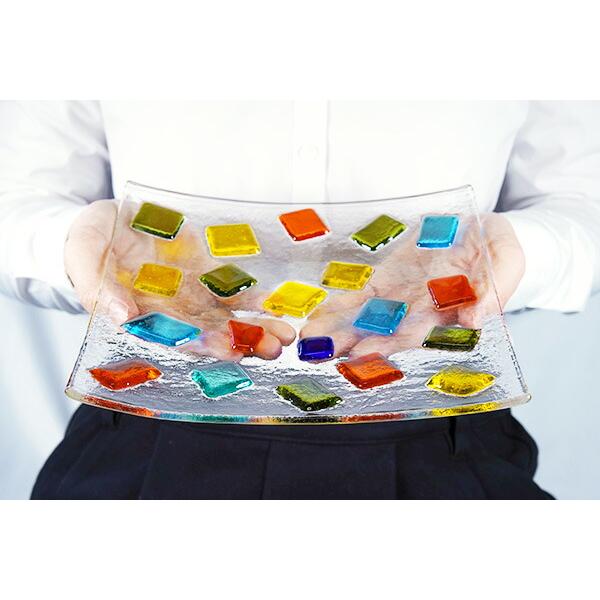 琉球ガラス グラスアート藍 万華鏡プレート 195mm角(クリア