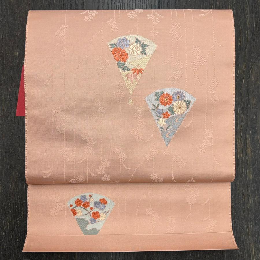 ワケアリセール】 扇文様 サーモンピンク 名古屋帯 正絹 未仕立て品 