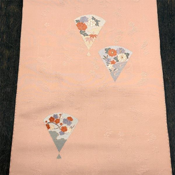 ワケアリセール】 扇文様 サーモンピンク 名古屋帯 正絹 未仕立て品 