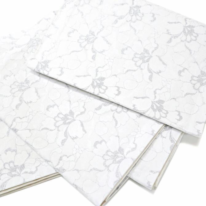 西陣 レース袋帯 白 銀 シンメトリーフラワー オフホワイト 総