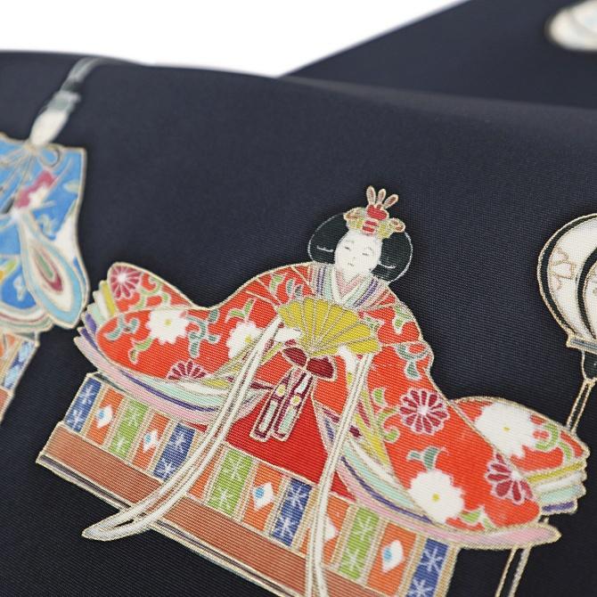 塩瀬九寸名古屋帯 おひな様 黒色 ひな祭り 春分 桃 節句 ぼんぼり お