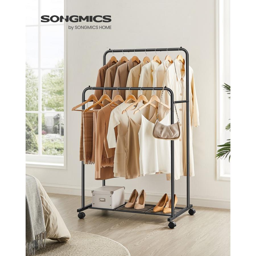 SONGMICS ハンガーラック 2段 幅92.5cm 棚付き キャスター付き SONGMICS ハンガーラック 2段 幅92.5cm 棚付き キャスター付き