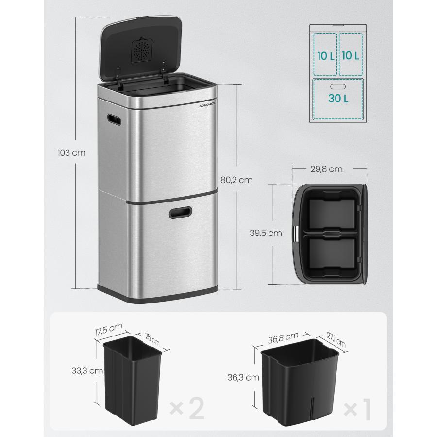 SONGMICS ゴミ箱 分別 縦型2段キッチン用 2x10L+30L 蓋付き SONGMICS ゴミ箱 分別 縦型2段キッチン用 2x10L+30L 蓋付き